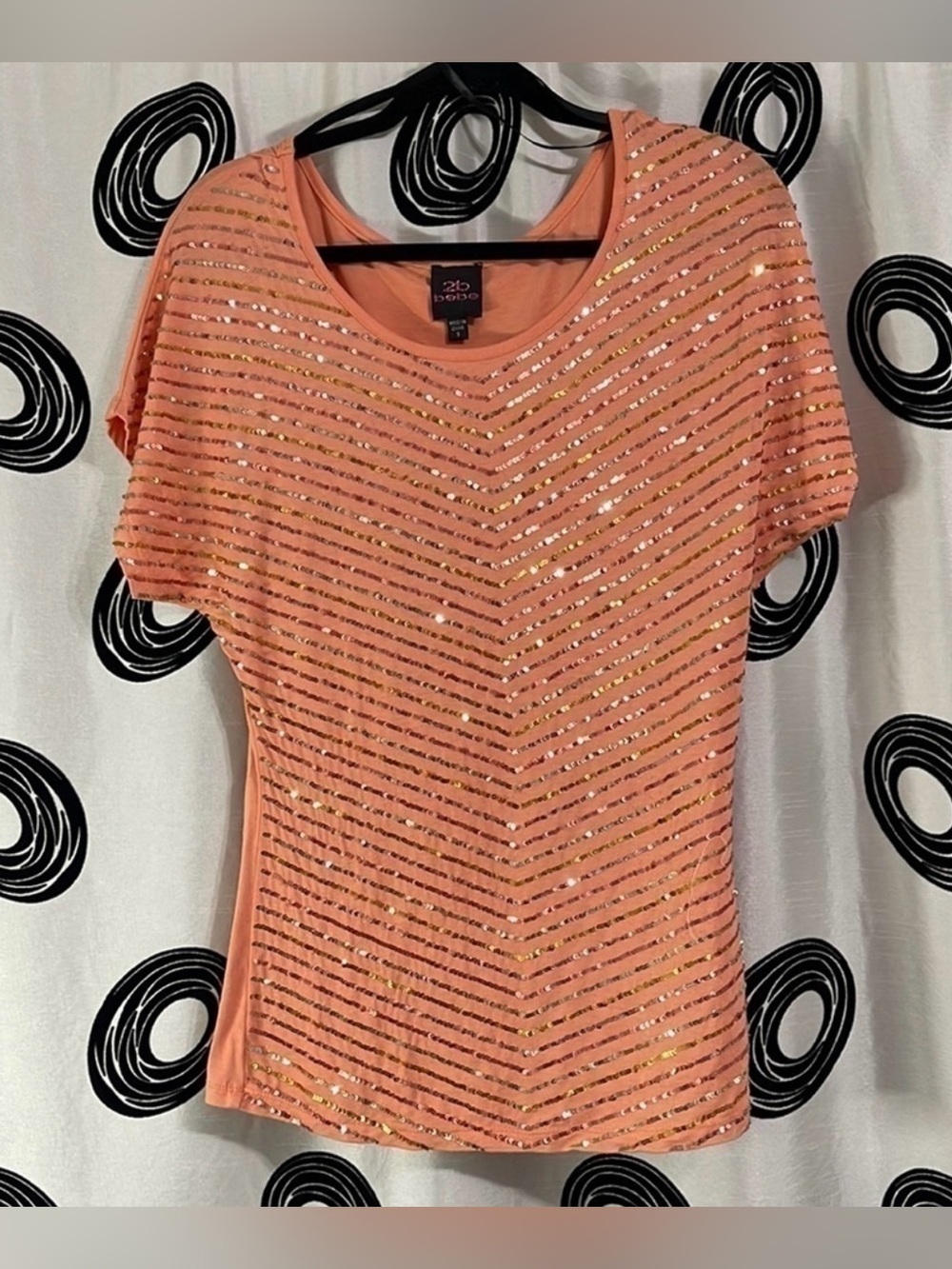 bebe Coral Sequin Stripe Short Sleeve Tee Size S